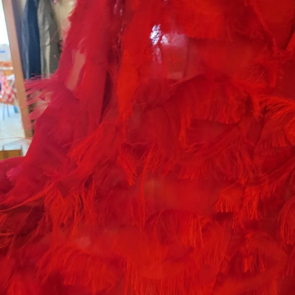 Red Cut Out Shoulder Long Sleeve Tie Neckline XXL Fray Feathered Fabric - Picture 5 of 6